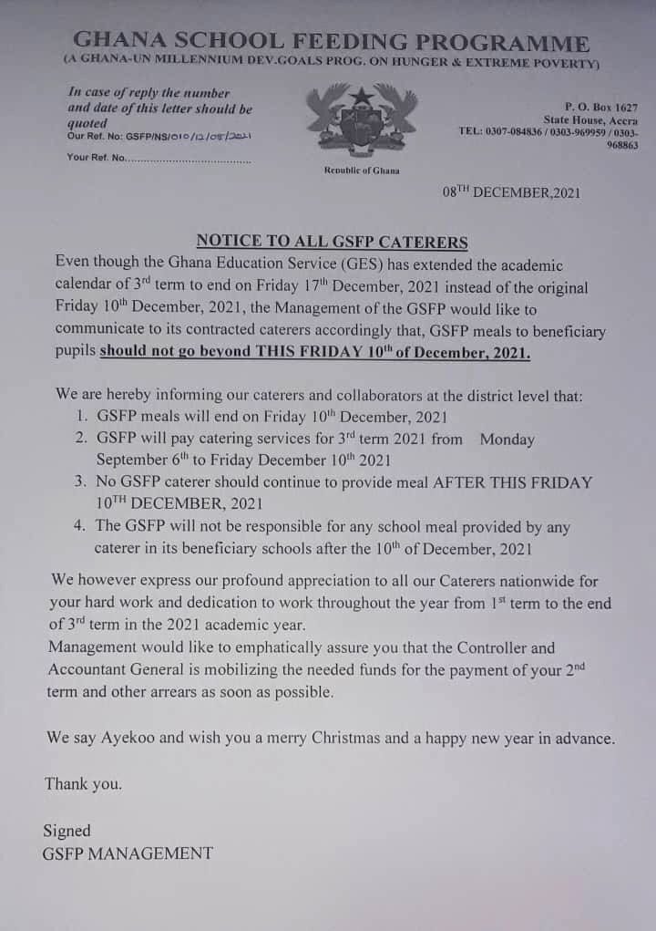 ‘Stop providing meals to students after Dec. 10’ – School feeding caterers told