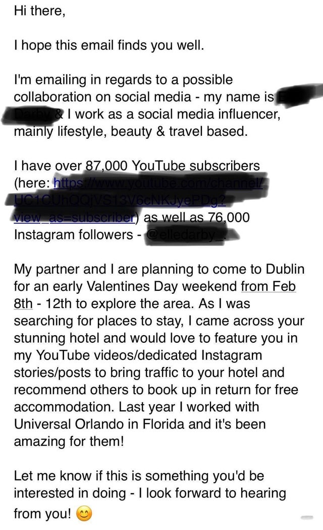 The takedown of this ‘influencer’ looking for a free hotel room is a 5-star treat