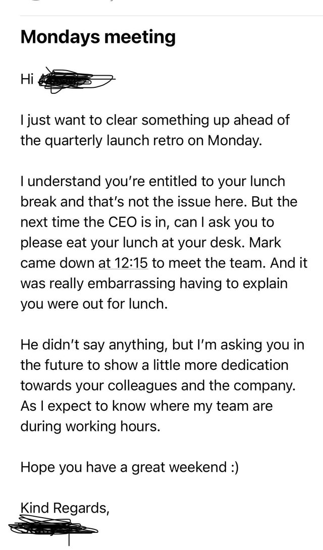 This manager’s outrageous lunch break ‘request’ got entirely the responses it deserved
