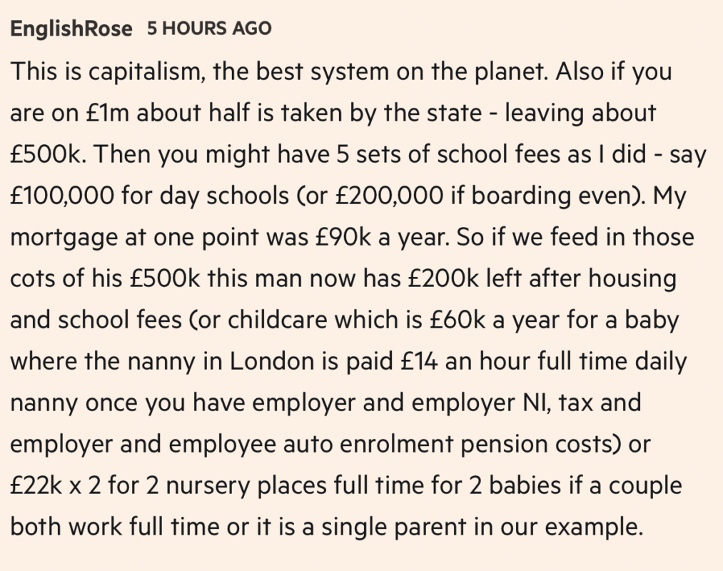This FT reader’s comment about the struggles of getting by on £1m had people hollering into next week