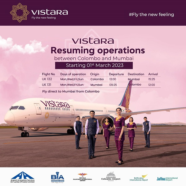 Vistara airlines to resume operations to Sri Lanka