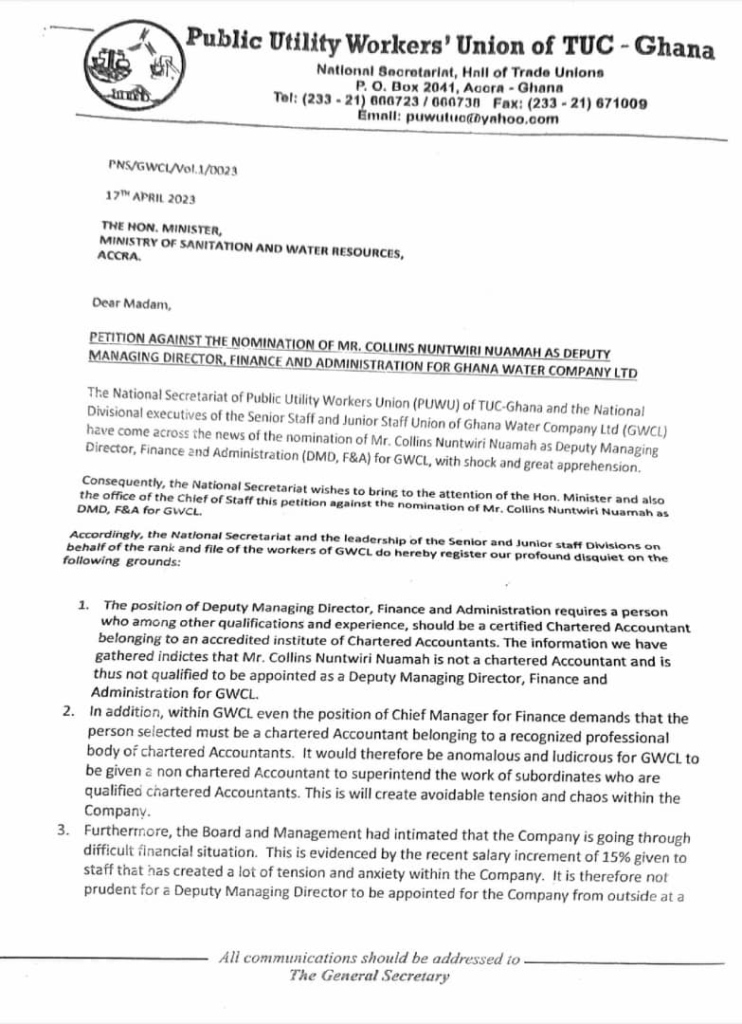 Collins Nuamah not qualified for GWCL Deputy Managing Director post – Public Utilities Workers’ Union of TUC