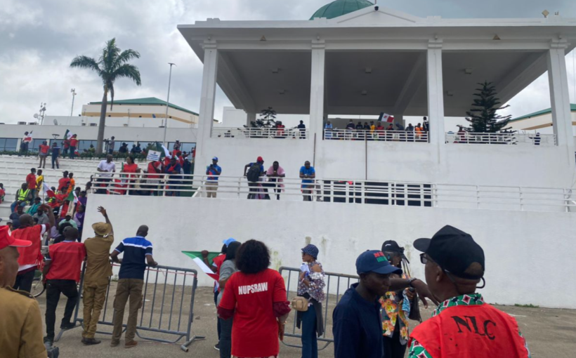 NLC Protesters At National Assembly Complex Call Out Oshiomole 