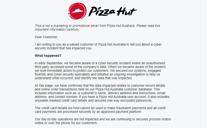 Pizza Hut Australia customers’ details involved in ‘cyber security incident’