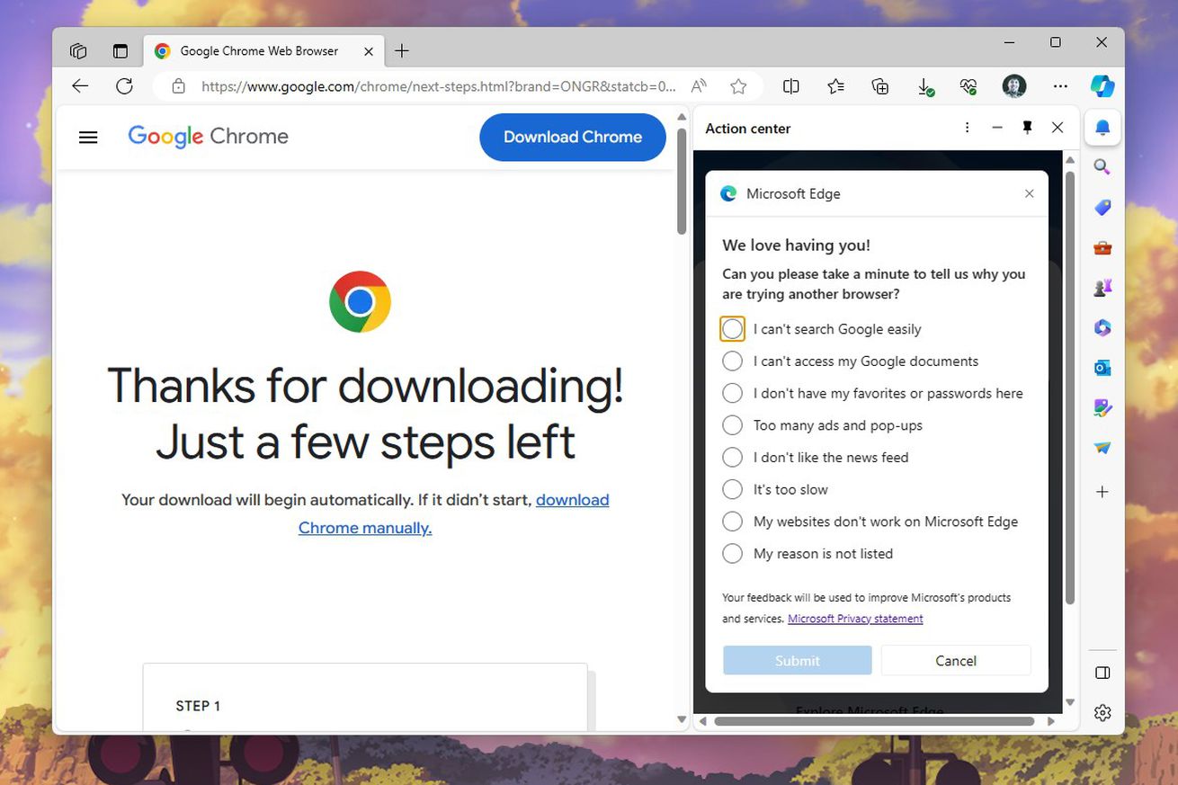 Microsoft now thirstily injects a poll when you download Google Chrome