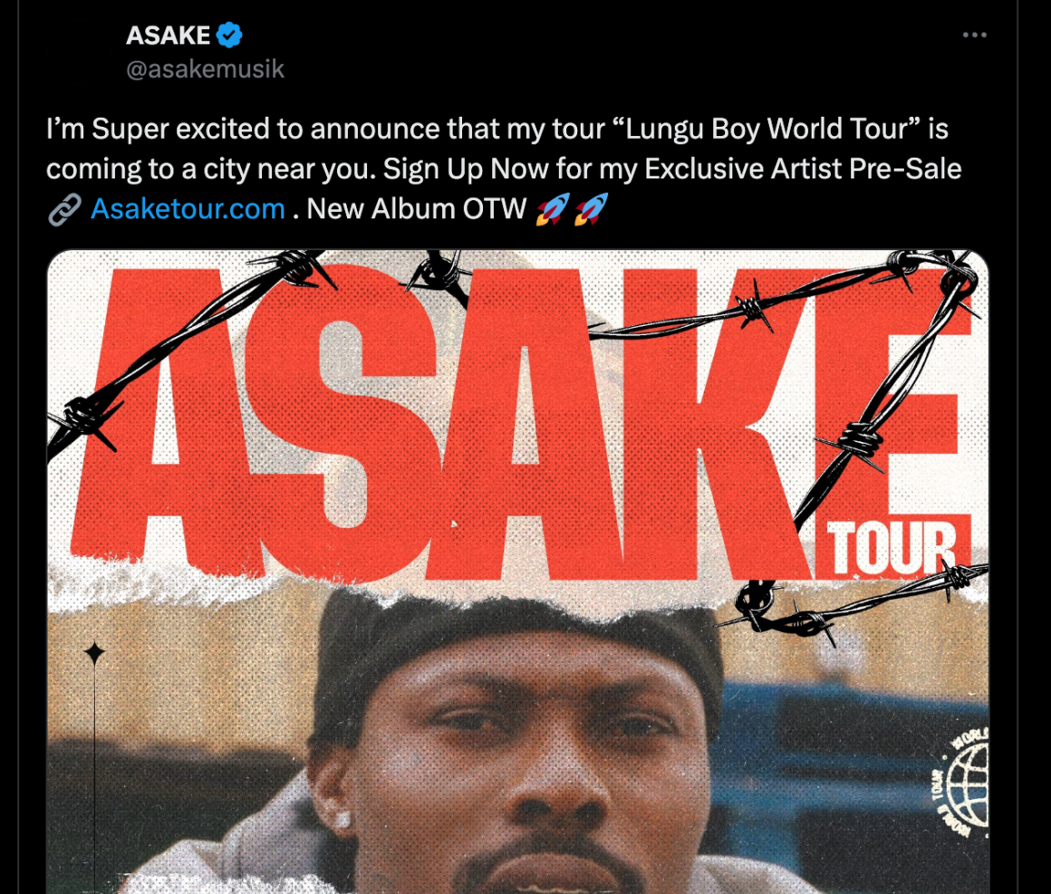 Asake to release third album in 2024, announces ‘Lungu Boy World Tour