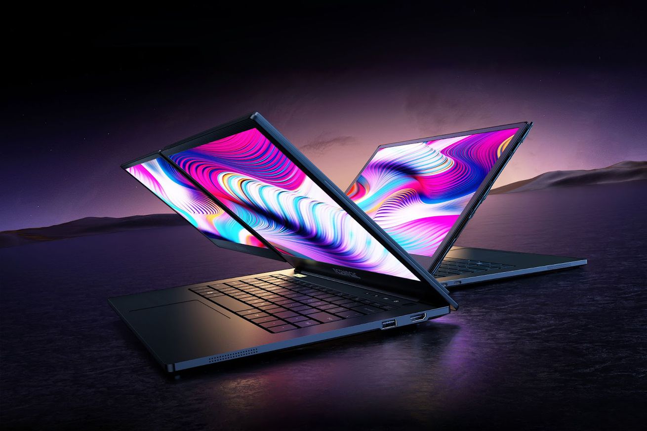 This dual-screen laptop swings horizontally — and quotes the Whole Earth Catalog