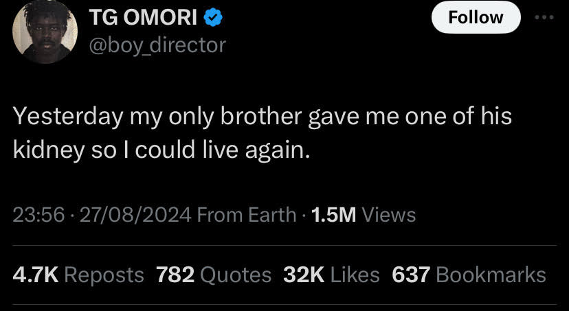 “I just had a failed kidney transplant at St Nicholas Lagos, Pray for me” – TG Omori cries out